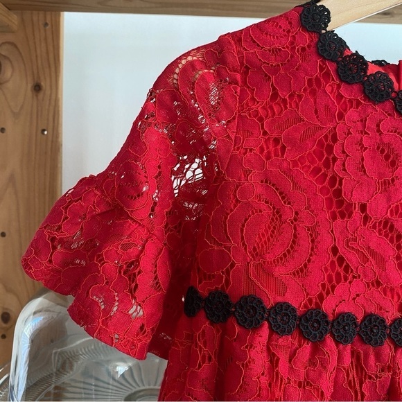 Kate Spade Red Black Lace Ruffle Sleeve Dress - Picture 6 of 12